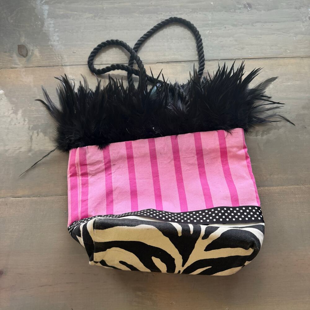 Vintage Blue Devil Pink Striped Martini Zebra Trim Faux Fur Tote Purse - Picture 7 of 9